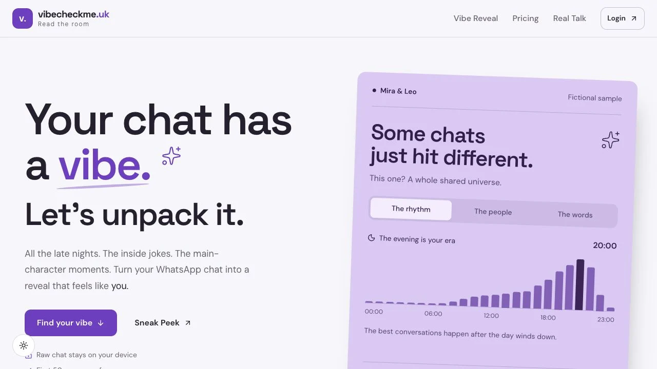 VibeCheckMe website showing its WhatsApp chat analysis experience.